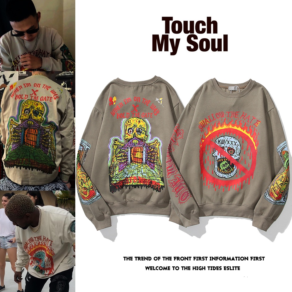 Kanye Kanye Season6 kết hợp rapper old school graffiti cotton cộng với nhung áo len nam rộng rãi
