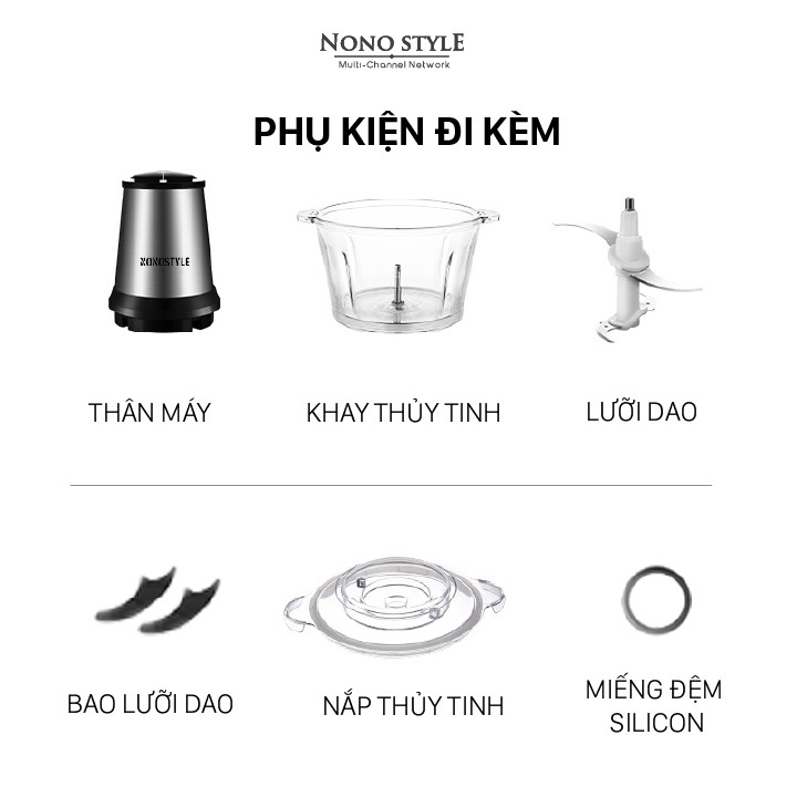 Máy xay thực phẩm thịt cá đa năng NONOSTYLE 2L,3L - Lưỡi dao 2 tầng, cối thủy tinh - BH 6 THÁNG