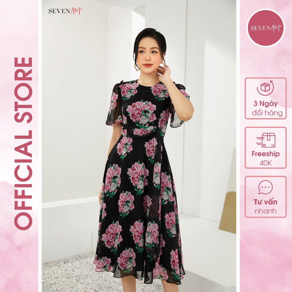 Đầm Xòe Dài Tay Cộc Chiffon Đen Hoa Hồng Seven.am O633041
