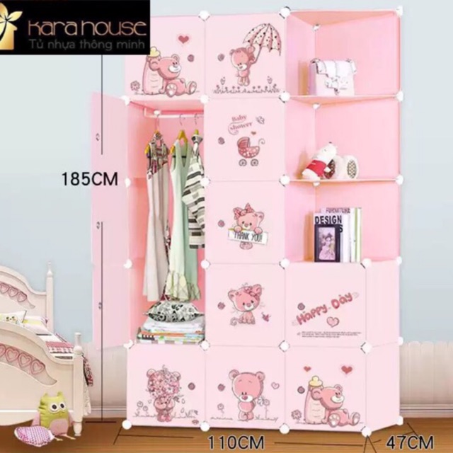TẶNG 1 MÓC CÀI 20K-Tủ nhựa quần áo lắp ghép 12 ô 3 góc chéo đựng đồ sâu 47cm. Thân hồng cửa hoa đào. Tặng 2 treo đồ.