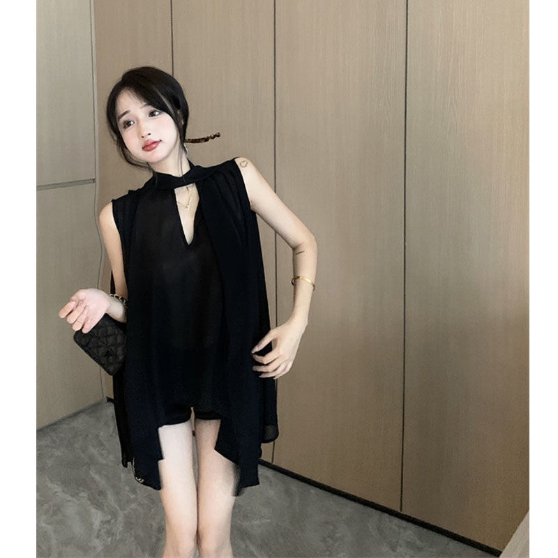 Áo cột dây ruy băng thời trang hè cổ V kiểu Pháp không tay dành cho nữ 2024