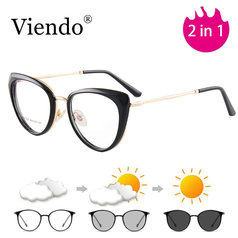 Kính cận VIENDO kiểu mắt mèo tròng đổi màu chống ánh sáng xanh chống tia UV cao cấp thời trang