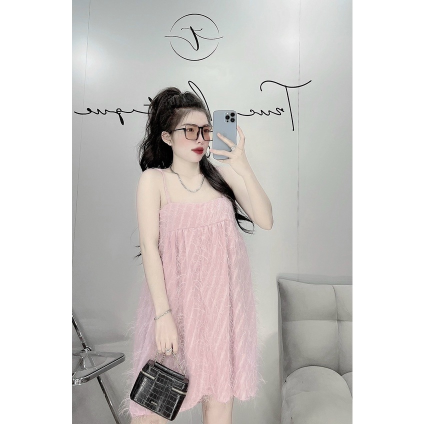 [ Miễn phí ship 2022] Đầm tiểu thư babydoll. đầm 2 dây lông vũ dáng xòe, đầm suông rộng thoải mái, bánh bèo cute