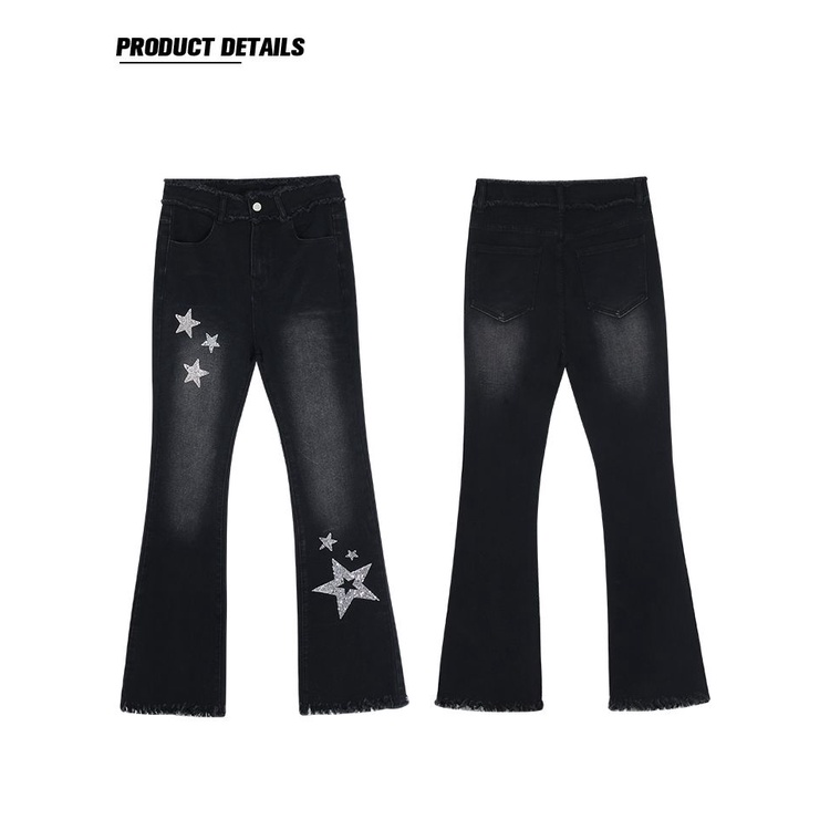 Quần Jeans Ống Loe Lưng Cao Đính Đá Màu Đen Phong Cách Đường Phố Mùa Xuân Y2k Cho Nữ