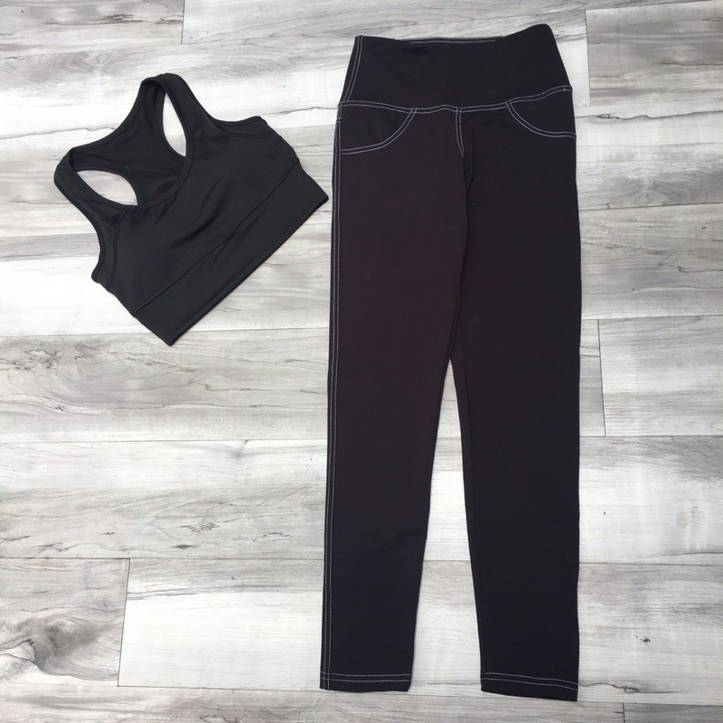 Bộ thể thao tập gym yoga nữ - Bộ tập bra trơn thun viền quần 2 túi sau