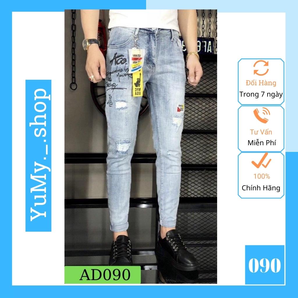 Quần Jean Nam Chất Bò AD23TG Xanh Wash Phối Chữ Cao Cấp Trẻ Trung Cá Tính