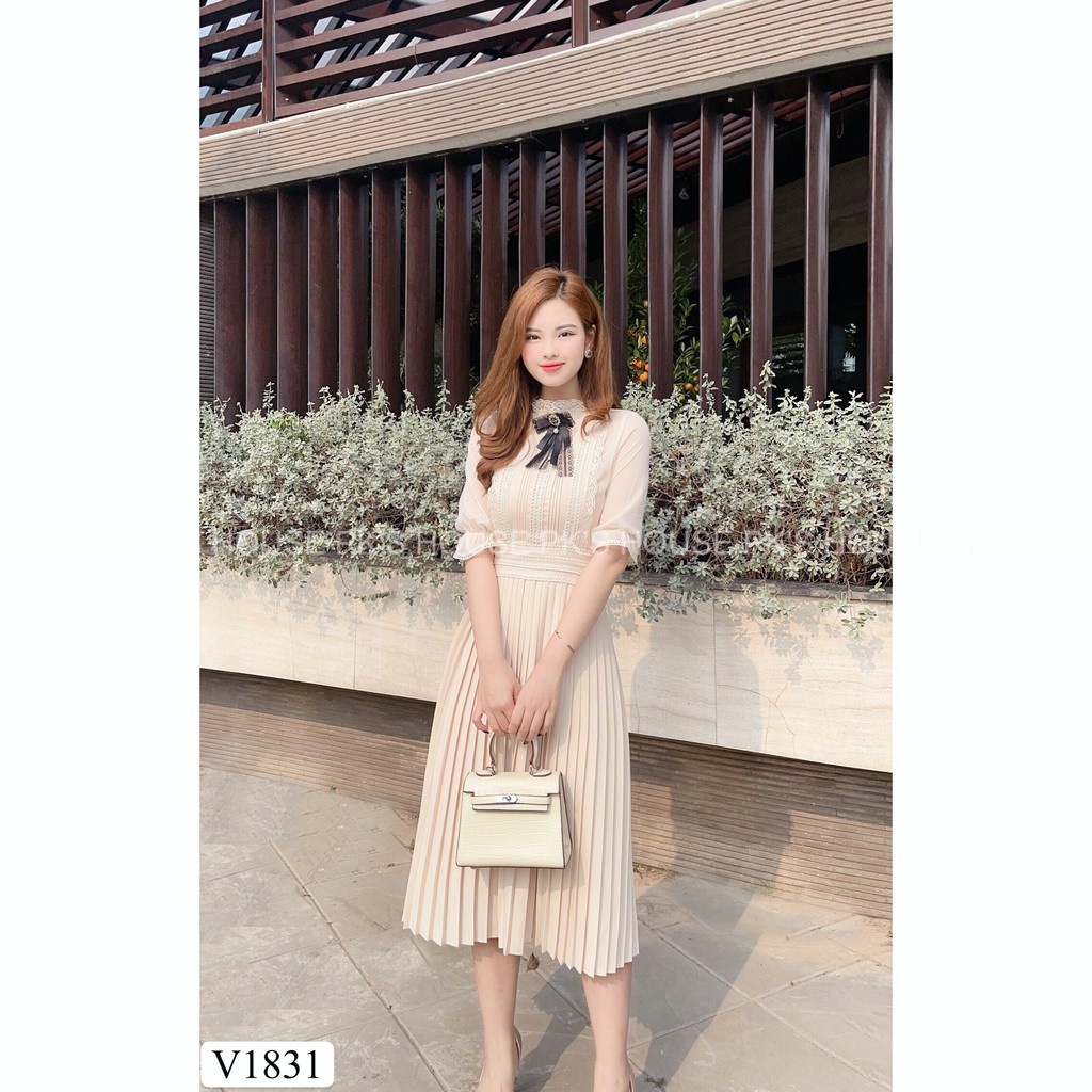 Váy Thiết Kế Dáng Xoè Phối Nơ Dập Ly V1831, Đầm Thiết Kế Ren Tiểu Thư Cao Cấp - PK Official -KLH)(
