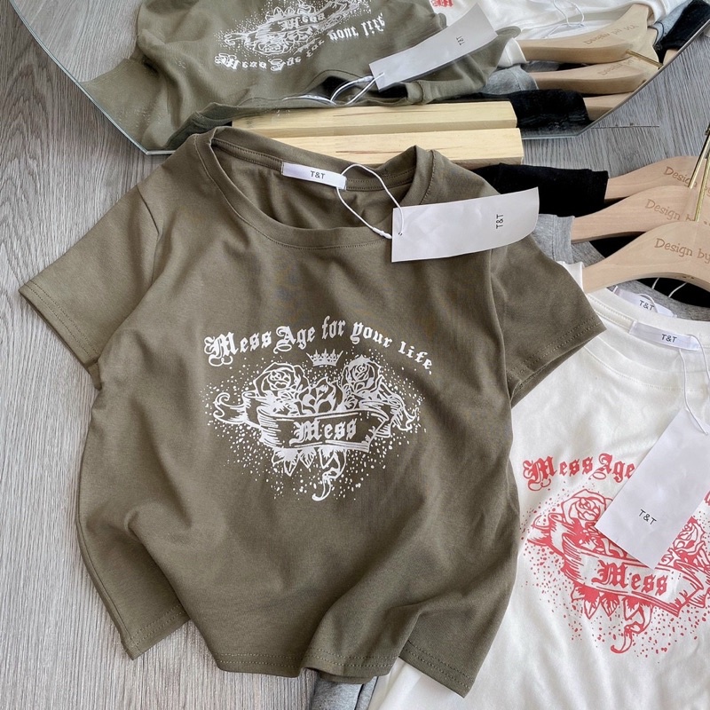Áo croptop thun chất đẹp in hình chữ Mess hàng Quảng Châu