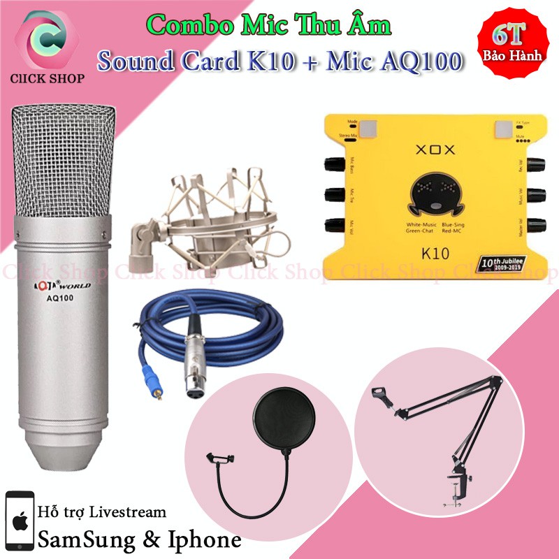 Combo Mic Thu Âm Karaoke Aqta AQ100 và sound card XOX K10 2020 bản tiếng anh đi kèm chân kẹp màng lọc- Trọn Bộ Mic Live