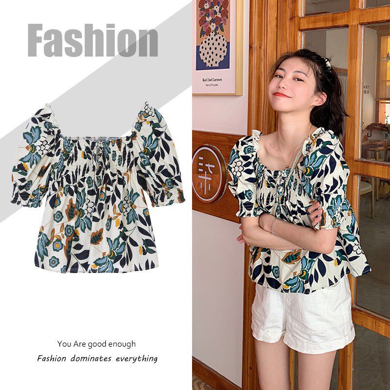 Áo kiểu tay ngắn phồng cổ vuông họa tiết hoa thời trang mùa hè dành cho phái nữ
