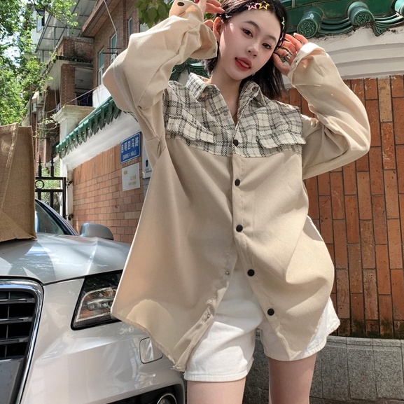 ZHELIHANGFEI Áo Khoác Nhung Kẻ Dài Tay Dáng Rộng Phong Cách Thời Trang Mỹ