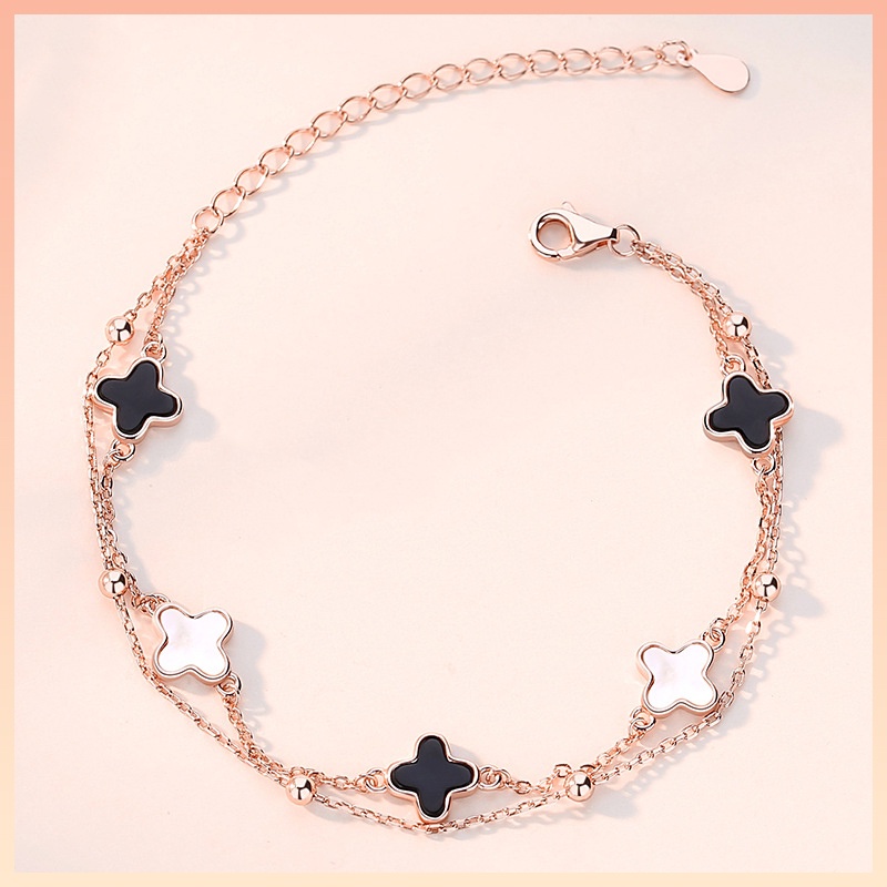 Lắc Tay Bạc Nữ hình Cỏ Bốn Lá Hai Dây - Vòng tay Bạc tự thiết kế của Sterling M.Lady Jewelry