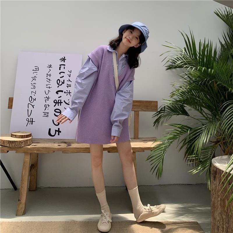 Set Áo Thun Dài Tay Form Rộng Và Áo Khoác Len Không Tay Thời Trang Dành Cho Nữ