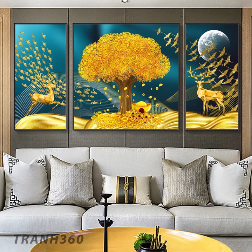 Tranh tráng gương Cây kim tiền tài lộc, tiền vào như nước, làm ăn may mắn phát đạt, tranh tráng trí phòng khách.