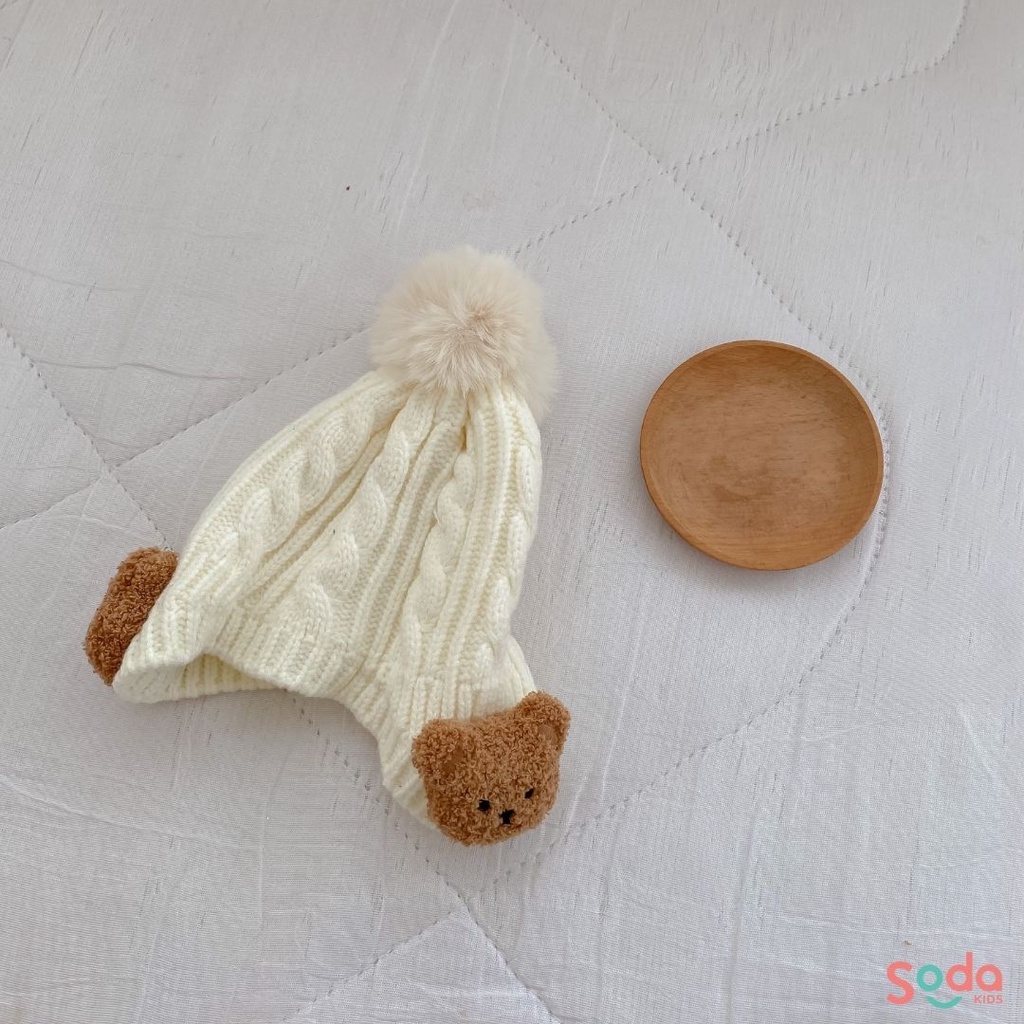 Mũ len che tai đính gấu dễ thương cho bé trai và bé gái (Ảnh thật)