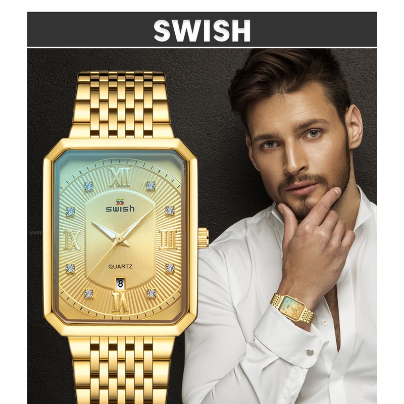 Đồng Hồ Đeo Tay SWISH Máy Thạch Anh Dây Đeo MẠ VÀNG 18K Không Gỉ Đa Năng Thời Trang Cho Nam mới nhất 2021