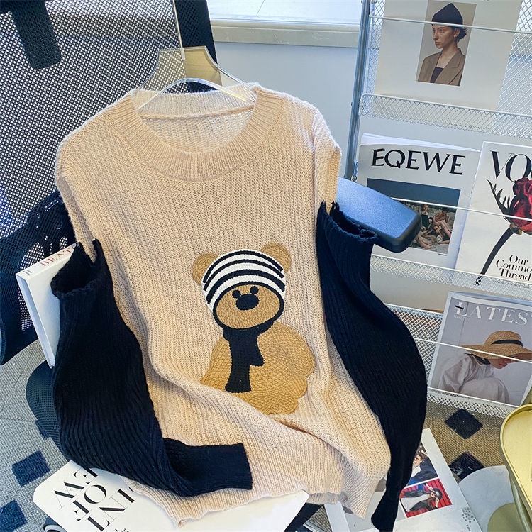 Áo Len Dáng Rộng Hở Vai Màu Sắc Tương Phản Thời Trang Thu Đông Dành Cho Nữ