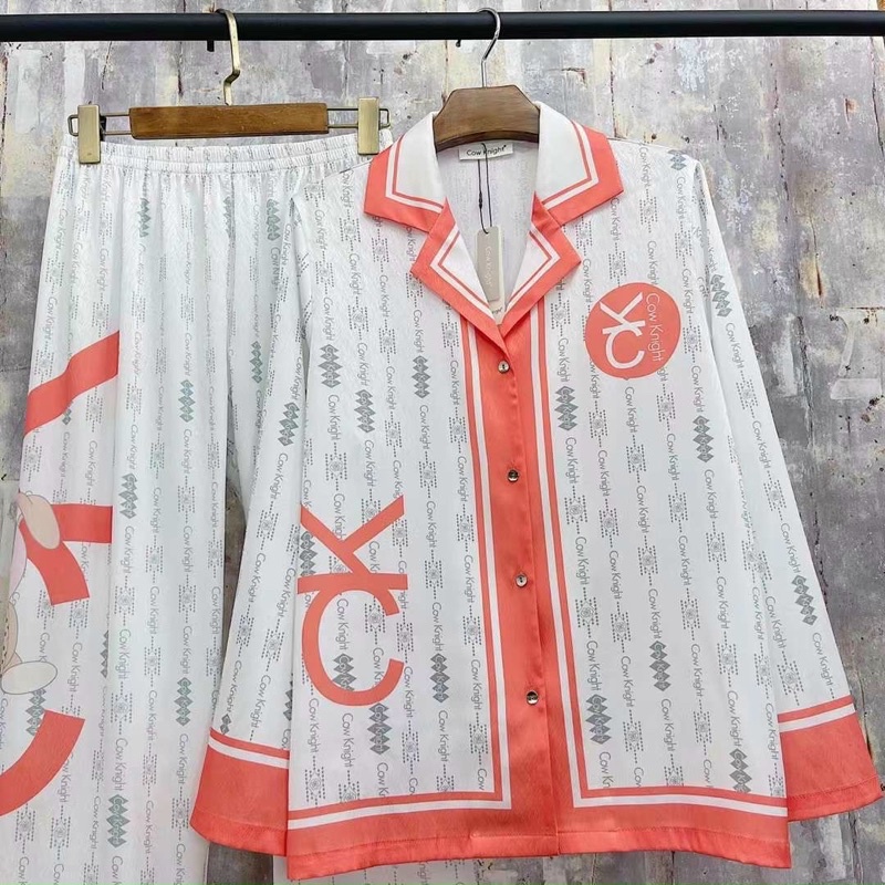 [Hàng sẵn] Bộ ngủ mặc nhà pijama lụa xước Quảng Châu cao cấp tay dài C K cam