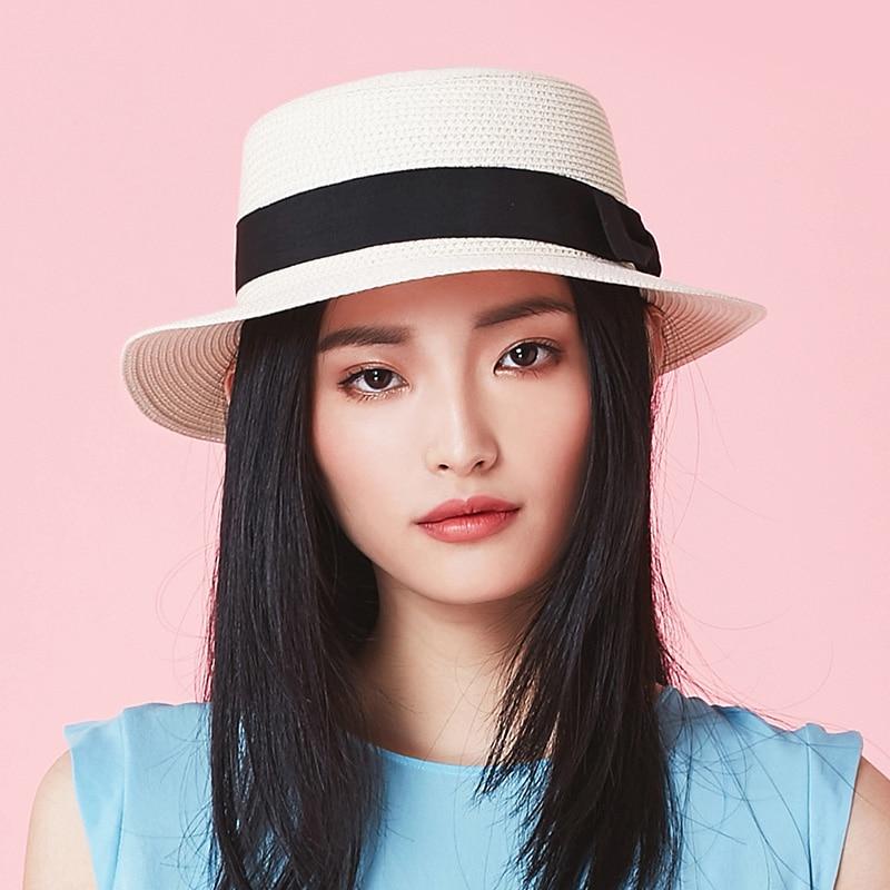 Mũ cói đi biển Boater - vành ngang nhỏ - viền nơ bướm đen