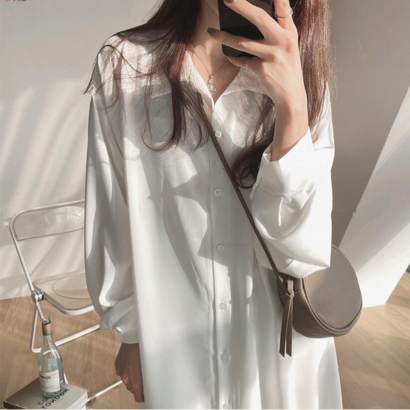 SUXI Đầm Sơ Mi Trắng Dài Tay Phong Cách Hàn Quốc Dành Cho Nữ