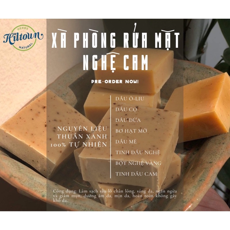Xà bông thiên nhiên handmade nghệ cam, cafe bạc hà Hiltown 50g