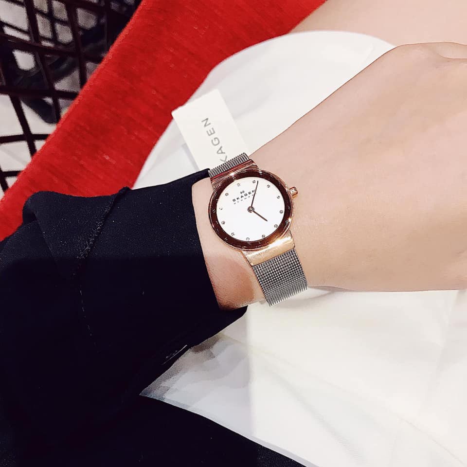 Đồng hồ nữ Skagen dây mesh bạc, mặt màu Rose Gold quyến rũ