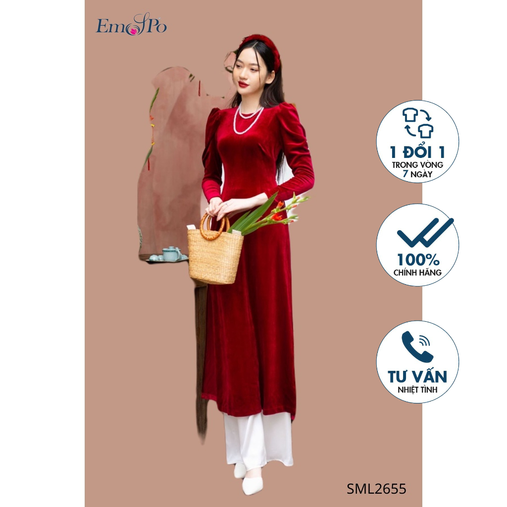 Áo dài nhung cách tân cổ tròn tay bồng EMSPO SML2655
