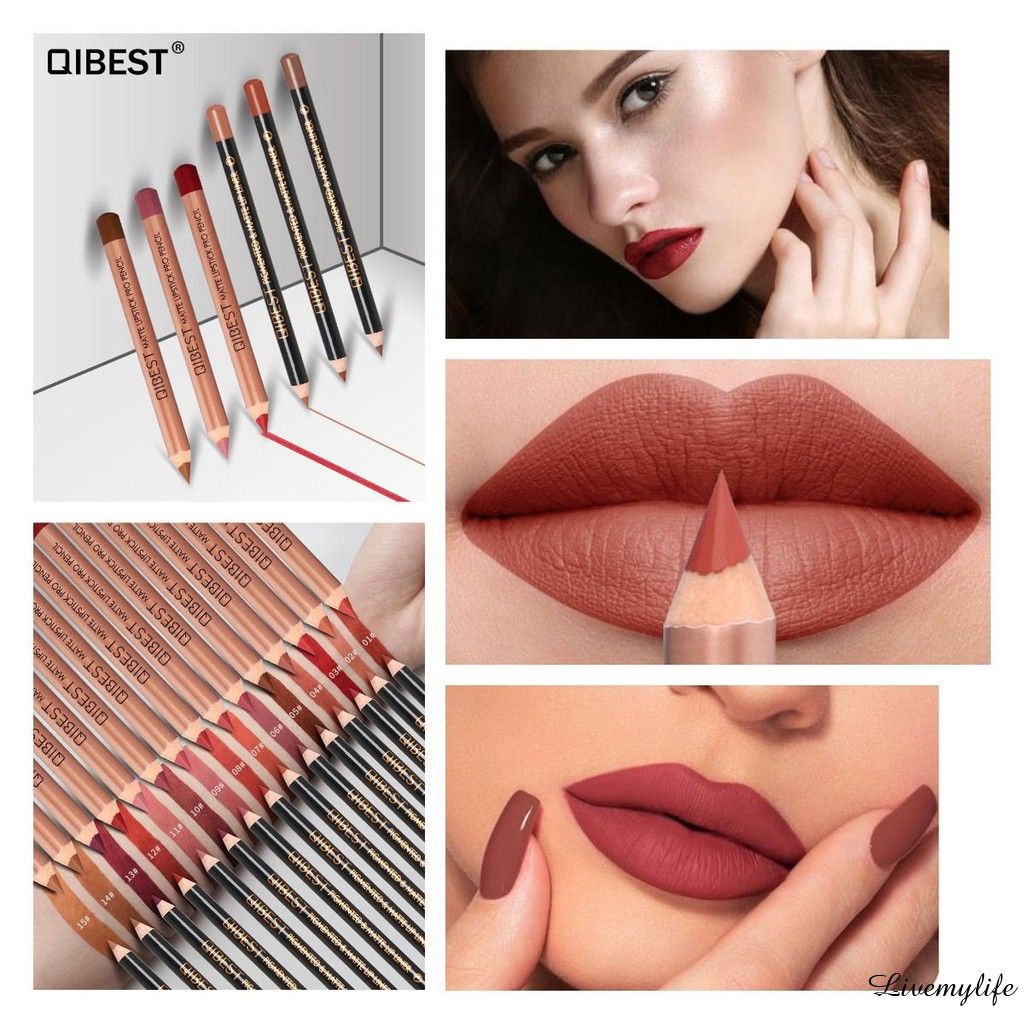 Bộ son môi và bút chì kẻ đường viền môi Qibest 15 màu lì chống thấm nước lâu trôi tiện lợi