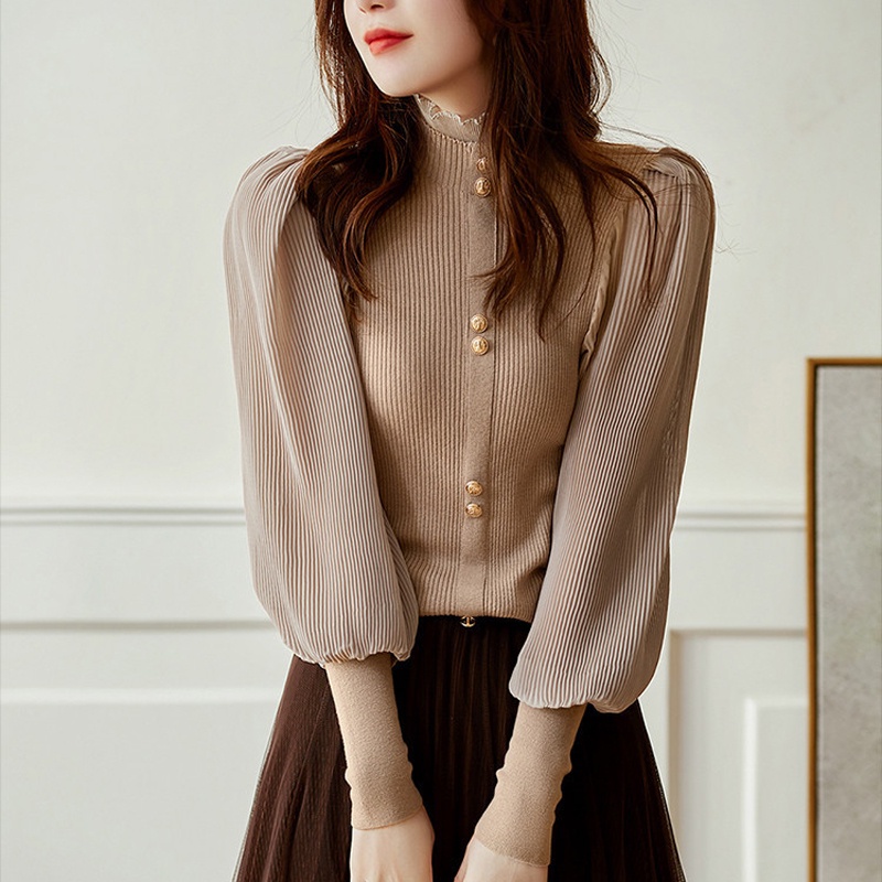 IELGY  Áo sweater Dệt Kim Cổ Lọ Tay Phồng Thời Trang Cho Nữ