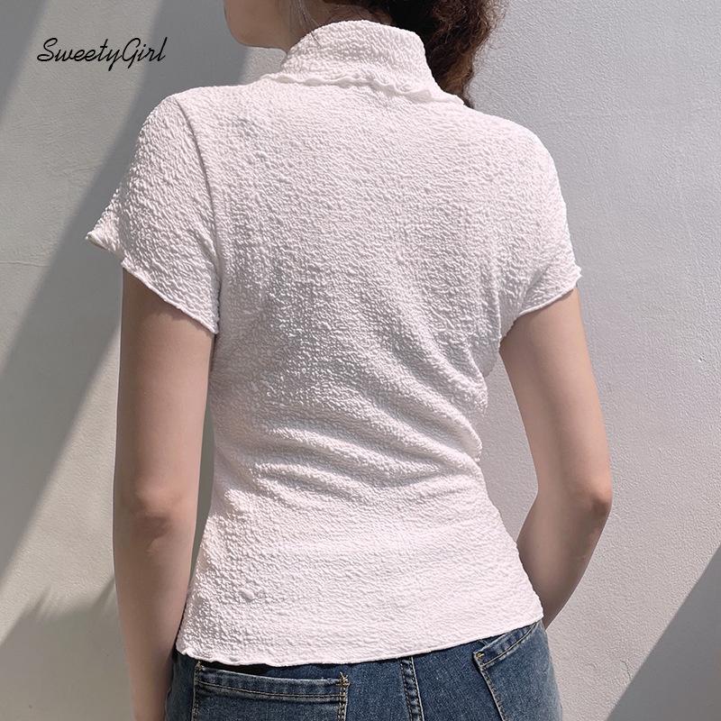 Áo Thun Tay Ngắn Cổ Bẻ Cài Nút Dáng Ôm Màu Trơn 2022 Thời Trang Cho Nữ