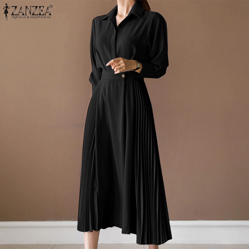 Đầm dài ZANZEA thiết kế đai eo tay dài xếp ly thời trang vintage thường ngày cho nữ