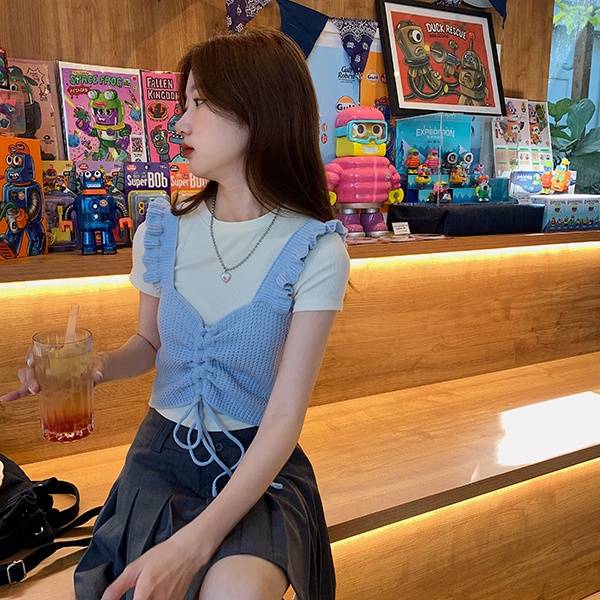 Thiết Kế Sense Niche Áo Dệt Kim Không Tay Phối Dây Rút Màu Trơn Dễ Phối Đồ Phong Cách Mới Cho Nữ