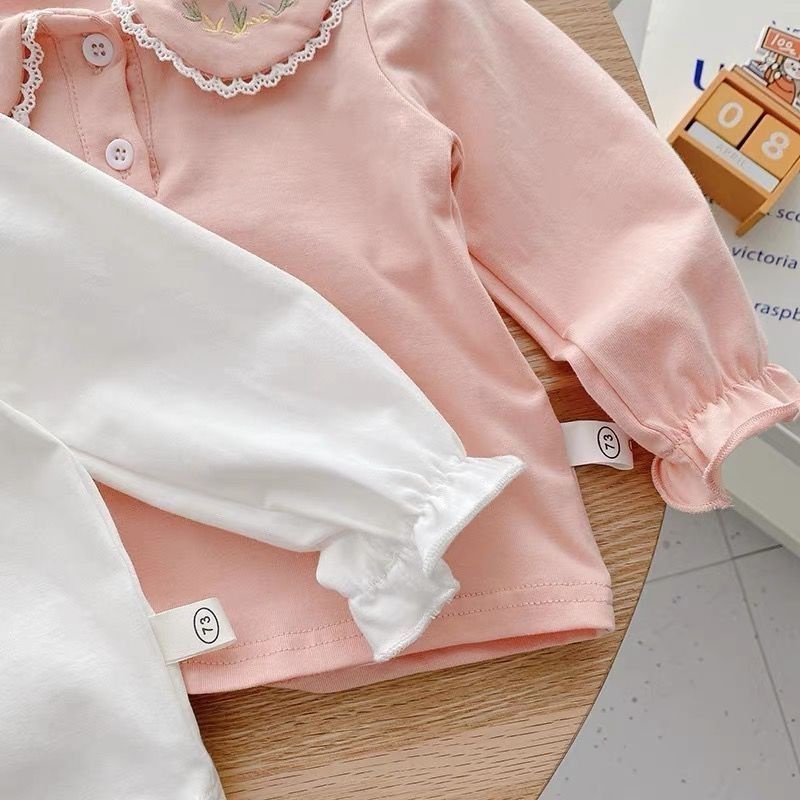 Áo Sơ Mi Tay Dài Cổ Búp Bê Thêu Họa Tiết Thời Trang Nhật Hàn Cho Bé Gái 0-2 Tuổi
