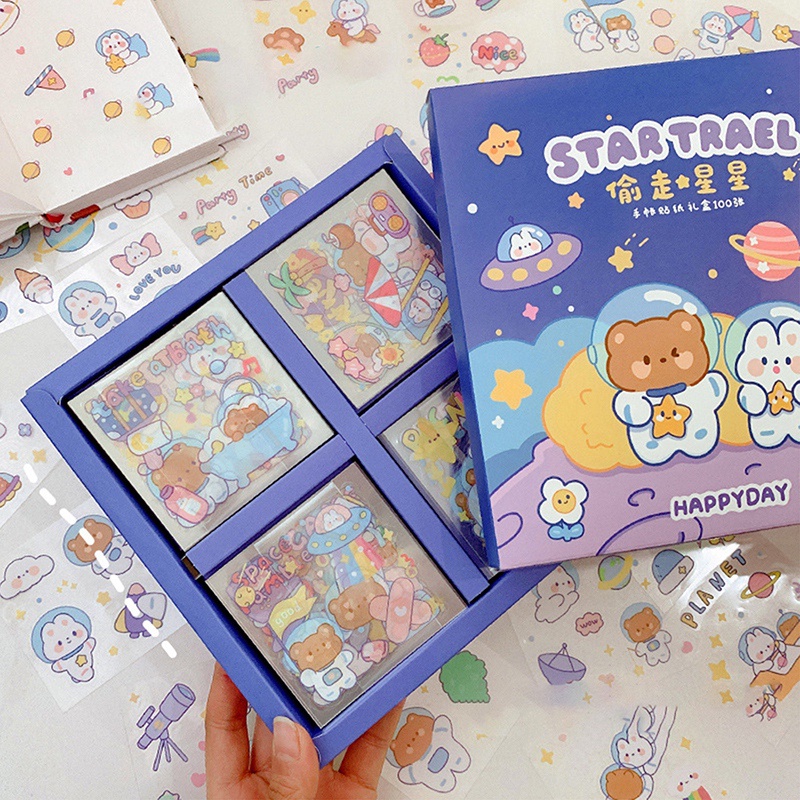 Set 100 Miếng Dán PET Trong Suốt Chống Thấm Nước Họa Tiết Hoạt Hình Dễ Thương