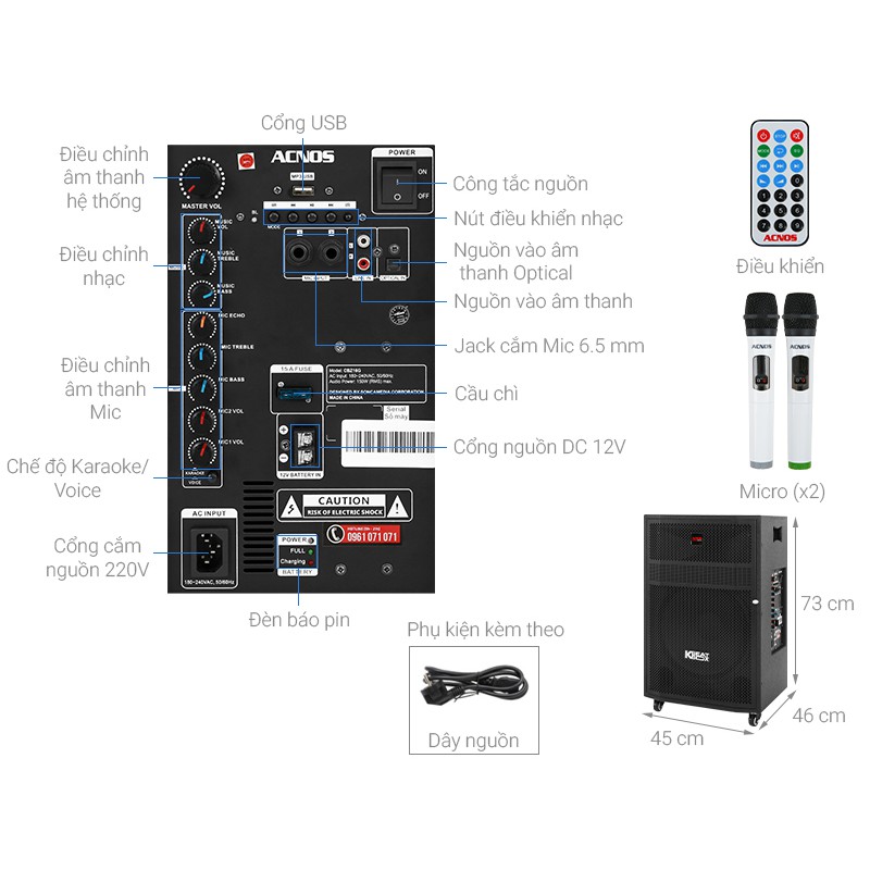Loa kéo Acnos CB403G Bluetooth 5.0, Loa bass 4 tấc, Micro UHF - Chính Hãng Acnos