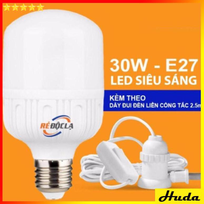 Đèn Led Buld Trụ 30W ánh sáng Trắng kèm dây có đui đèn và công tắc - Đèn led siêu sáng