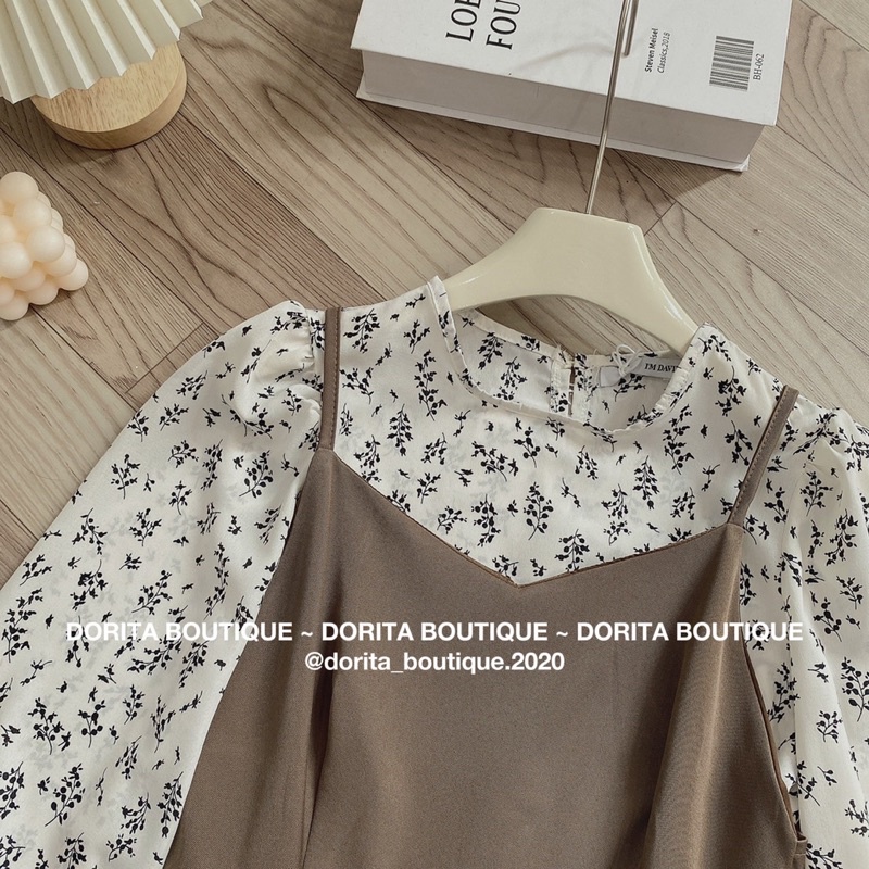 Set yếm hoa tay bồng Vintage Hàn Quốc 2022