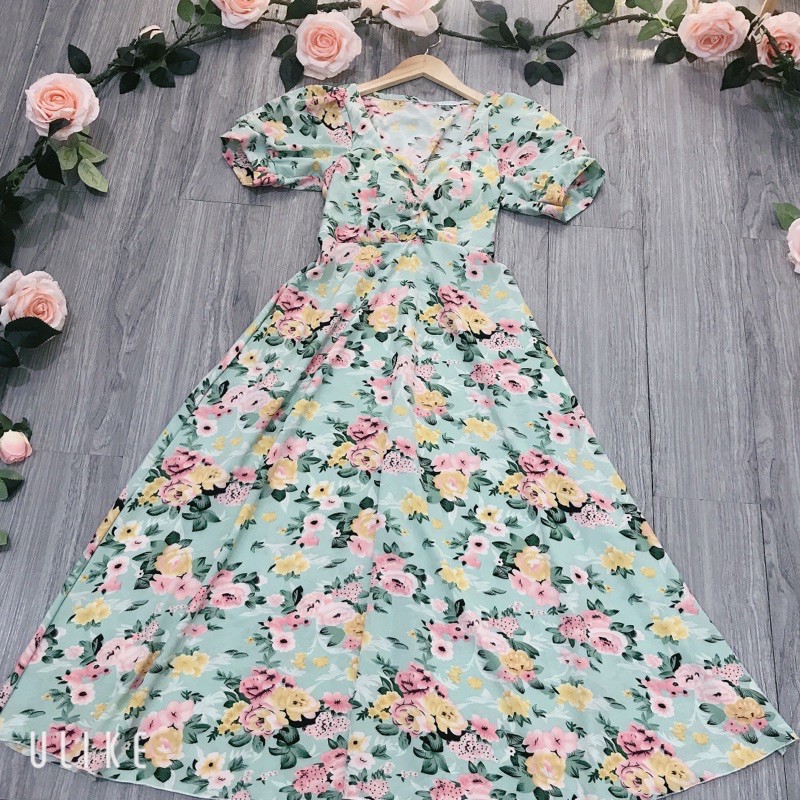 Đầm váy maxi tay phồng nhún có mút ngực