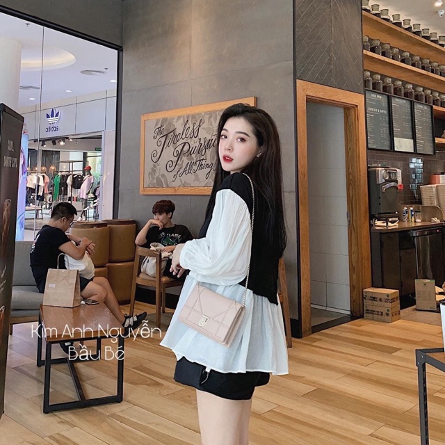 HÀNG ĐẸP Áo Sơ Mi Dáng Babydoll Tay Bồng Siêu Xinh , Áo Thu Pha Đen Trắng