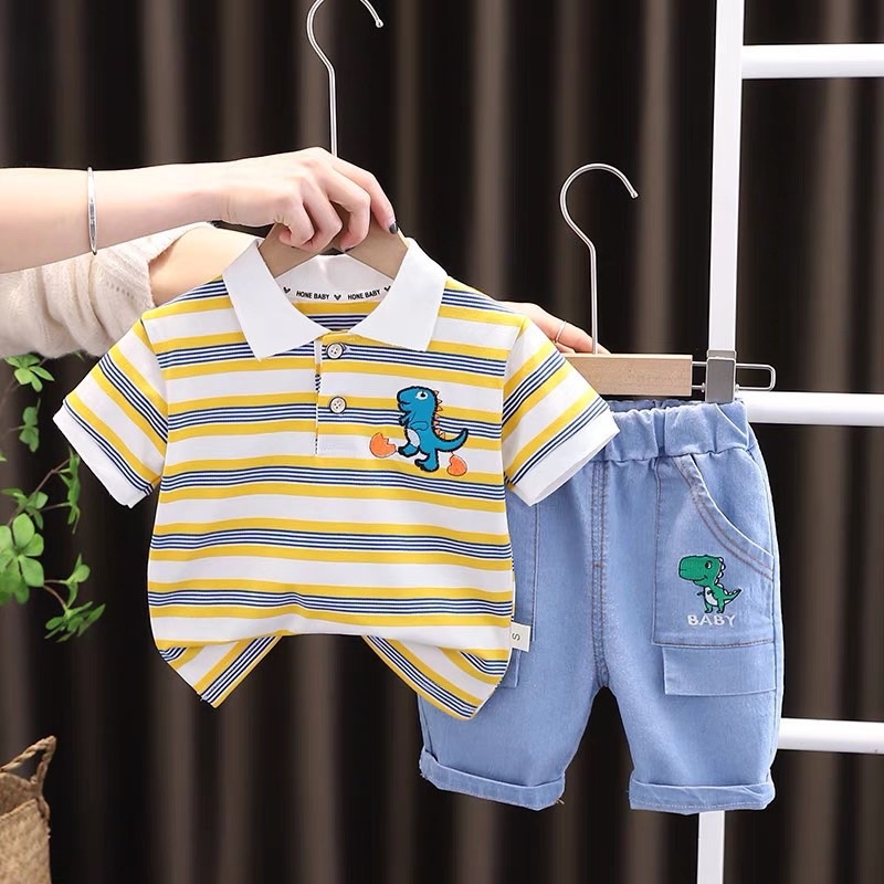 [SET BÉ TRAI] Bộ KL kẻ ngang quần jean 3 màu siêu chất cho bé trai