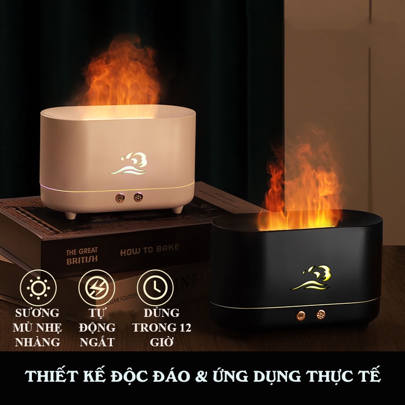 Máy phun sương đèn xông tinh dầu khuếch tán hình ngọn lửa tạo độ ẩm phòng ngủ,máy xông hơi thơm phòng có đèn led  BH 6th