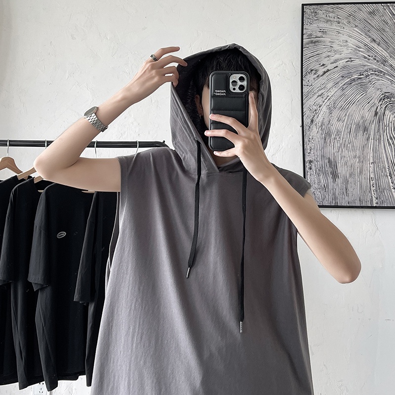 Áo thun thể thao sát nách có mũ trùm đầu màu sắc đơn giản phong cách hip hop thời trang cho nam