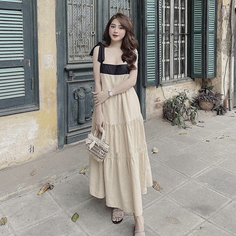 Đầm Suông Trơn 2 Dây Phối Nơ Vai Váy Đũi Tầng | BigBuy360 - bigbuy360.vn
