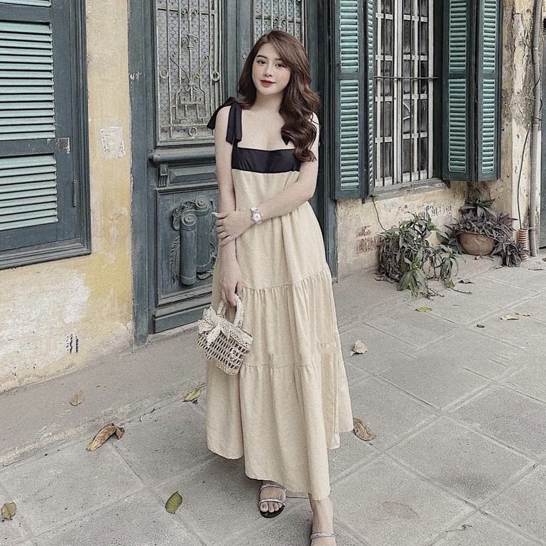 Đầm Suông Trơn 2 Dây Phối Nơ Vai Váy Đũi Tầng