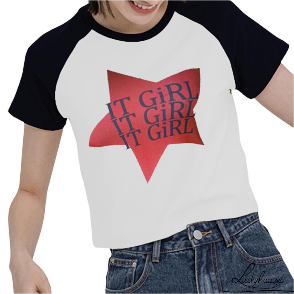 Áo Thun Crop Top Tay Ngắn Cổ Tròn In Chữ Và Ngôi Sao Màu Tương Phản Thời Trang Mùa Hè Cho Nữ