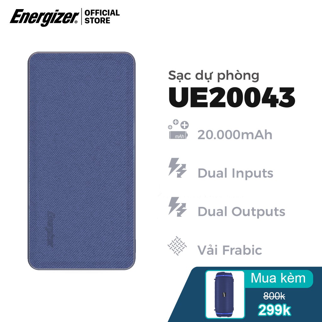 Sạc dự phòng Energizer 20000mAh UE20043 - Thiết kế Fabric sang trọng, tích hợp 2 cổng output tiện lợi - Hàng chính hãng