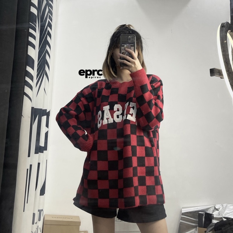 Áo len hoạ tiết bàn cờ hot tiktok douyin ulzzang