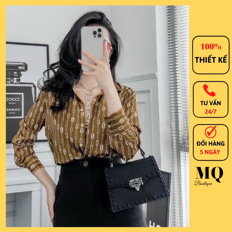 Áo sơ mi nữ lụa dài tay cao cấp công sở họa tiết dây xích chữ gu chì nền nâu đen, áo sơ mi họa tiết thiết kế MQ Boutique