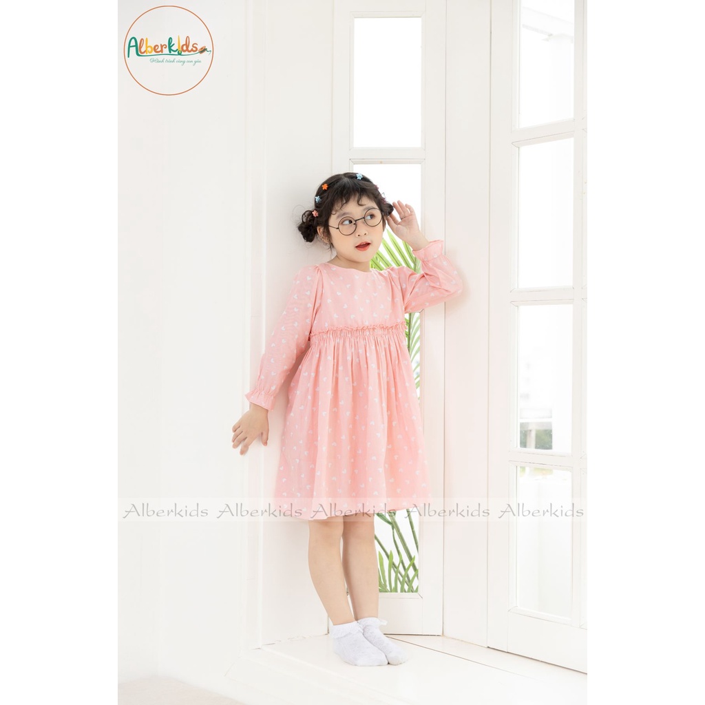 Váy bé gái ALBERKIDS tay dài hồng hình TRÁI TIM công chúa xinh đẹp cho trẻ em gái từ 2,3,4,5,6,7,8,9,10,11,12 tuổi [V40]