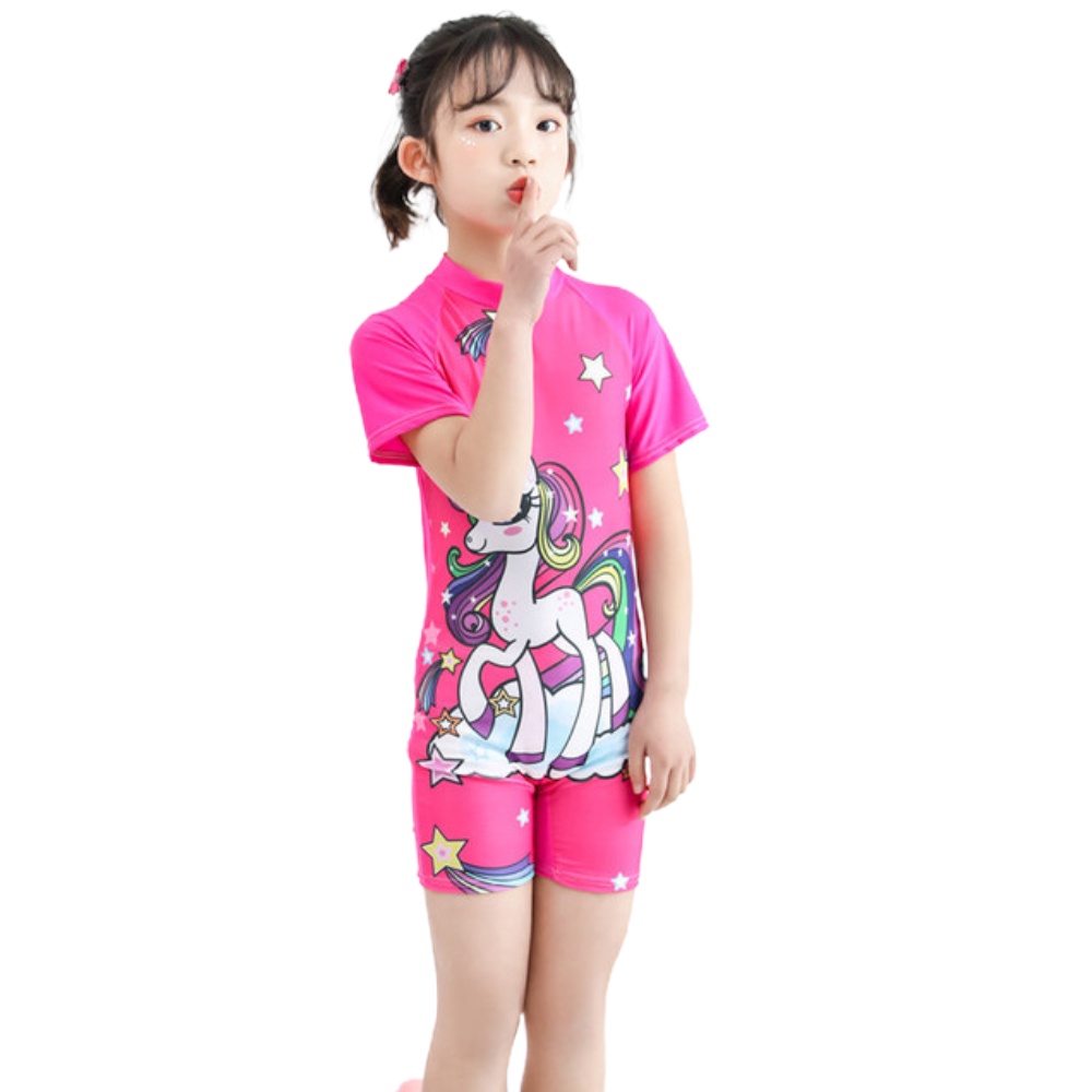 Bộ đồ bơi liền thân tay ngắn dáng ôm in họa tiết hoạt hình dễ thương thời trang mùa hè cho bé gái